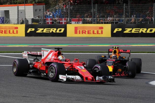 26.08.2017 - Free Practice 3, Sebastian Vettel (GER) Scuderia Ferrari SF70H and Max Verstappen (NED) Red Bull Racing RB13 Belgian Grand Prix, Spa-Francorchamps 24 - 27 August 2017 26.08.2017 - Free Practice 3, Sebastian Vettel (GER) Scuderia Ferrari SF70H and Max Verstappen (NED) Red Bull Racing RB13 