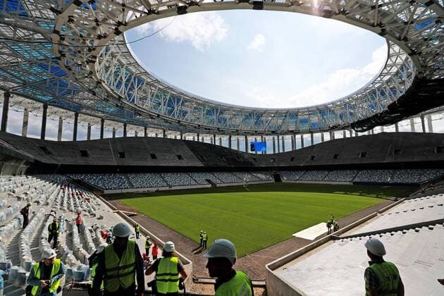 NIZHNY NOVGOROD, RUSSIA - AUGUST 26, 2017: A view of Nizhny Novgorod Stadium under construction ahead of the 2018 FIFA World Cup WM Weltmeisterschaft Fussball Sergei Fadeichev TASS  TS05CF22