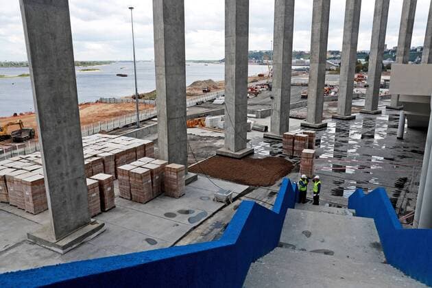 NIZHNY NOVGOROD, RUSSIA - AUGUST 26, 2017: A view of the construction site of Nizhny Novgorod Stadium, a venue for 2018 FIFA World Cup WM Weltmeisterschaft Fussball matches. Sergei Fadeichev TASS  TS05CF25