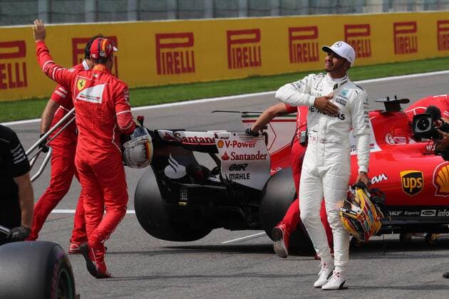 26.08.2017 - Qualifying, 2nd place Sebastian Vettel (GER) Scuderia Ferrari SF70H and Lewis Hamilton (GBR) Mercedes AMG F1 W08 pole position Belgian Grand Prix, Spa-Francorchamps 24 - 27 August 2017 26.08.2017 - Qualifying, 2nd place Sebastian Vettel (GER) Scuderia Ferrari SF70H and Lewis Hamilton (GBR) Mercedes AMG F1 W08 pole position 