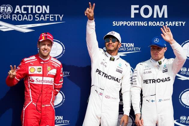 26th August 2017, Circuit de Spa-Francorchamps, Belgium; Belgium Grand Prix, Qualifying Session; Lewis HAMILTON from Great Britain of Mercedes-AMG-Petronas Formula One Team,Mercedes F1 M08 Hybrid, EQ Power+, Valtteri BOTTAS from Finland of Mercedes-AMG-Petronas Formula One Team, Mercedes F1 M08 Hybrid, EQ Power+ and Sebastian VETTEL from Germany of Team Scuderia Ferrari, Ferrari SF70-H, Ferrari 062 engine poses for the photographers after qualifying session xEricxAlonsox  ActionPlus11921009