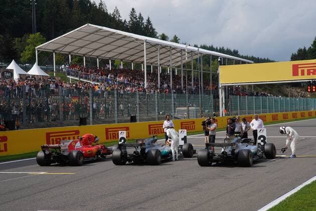 26.08.2017 - Qualifying, 2nd place Sebastian Vettel (GER) Scuderia Ferrari SF70H, Lewis Hamilton (GBR) Mercedes AMG F1 W08 pole position and 3rd place Valtteri Bottas (FIN) Mercedes AMG F1 W08 Belgian Grand Prix, Spa-Francorchamps 24 - 27 August 2017 26.08.2017 - Qualifying, 2nd place Sebastian Vettel (GER) Scuderia Ferrari SF70H, Lewis Hamilton (GBR) Mercedes AMG F1 W08 pole position and 3rd place Valtteri Bottas (FIN) Mercedes AMG F1 W08 