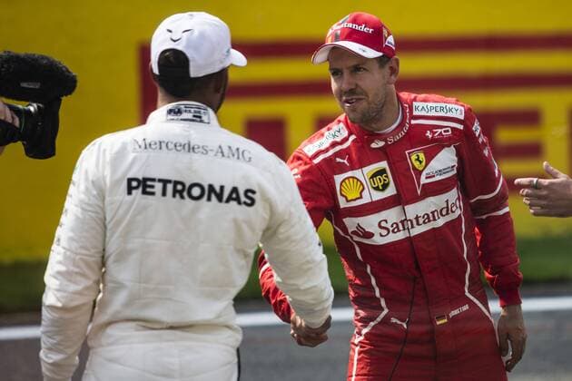 August 26, 2017 - Spa, Belgium - 05 VETTEL Sebastian from Germany of scuderia Ferrari greeting 44 HAMILTON Lewis from Great Britain of team Mercedes GP about his pole position during the Qualifying of Formula One Belgian Grand Prix at Circuit de Spa-Francorchamps on August 25, 2017 in Spa, Belgium. F1 Grand Prix of Belgium - Qualifying  - ZUMAn230 20170826_zaa_n230_132 Copyright: xXavierxBonillax