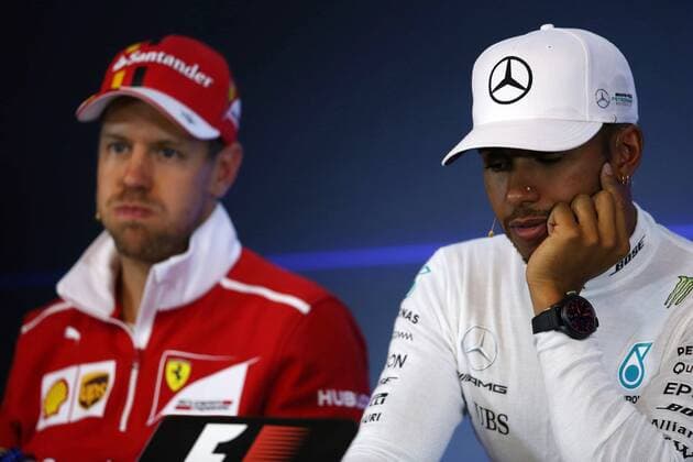 Bilder des Tages - SPORT 26.08.2017 - Qualifying, press conference PK Pressekonferenz Sebastian Vettel (GER) Scuderia Ferrari SF70H and Lewis Hamilton (GBR) Mercedes AMG F1 W08 Belgian Grand Prix, Spa-Francorchamps 24 - 27 August 2017 26.08.2017 - Qualifying, Press conference, Sebastian Vettel (GER) Scuderia Ferrari SF70H and Lewis Hamilton (GBR) Mercedes AMG F1 W08 