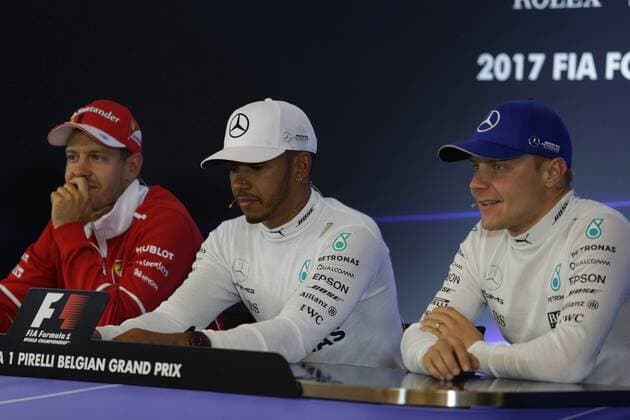 26.08.2017 - Qualifying, press conference PK Pressekonferenz Sebastian Vettel (GER) Scuderia Ferrari SF70H, Lewis Hamilton (GBR) Mercedes AMG F1 W08 and Valtteri Bottas (FIN) Mercedes AMG F1 W08 Belgian Grand Prix, Spa-Francorchamps 24 - 27 August 2017 26.08.2017 - Qualifying, Press conference, Sebastian Vettel (GER) Scuderia Ferrari SF70H, Lewis Hamilton (GBR) Mercedes AMG F1 W08 and Valtteri Bottas (FIN) Mercedes AMG F1 W08 