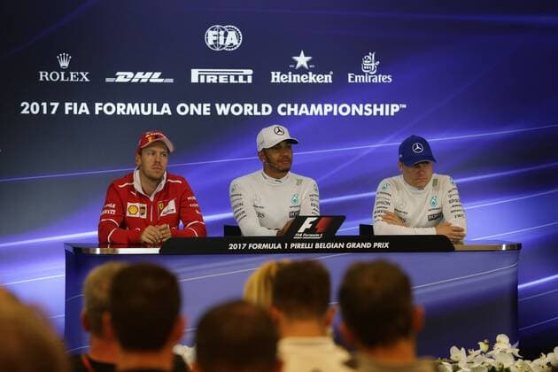 26.08.2017 - Qualifying, press conference PK Pressekonferenz Sebastian Vettel (GER) Scuderia Ferrari SF70H, Lewis Hamilton (GBR) Mercedes AMG F1 W08 and Valtteri Bottas (FIN) Mercedes AMG F1 W08 Belgian Grand Prix, Spa-Francorchamps 24 - 27 August 2017 26.08.2017 - Qualifying, Press conference, Sebastian Vettel (GER) Scuderia Ferrari SF70H, Lewis Hamilton (GBR) Mercedes AMG F1 W08 and Valtteri Bottas (FIN) Mercedes AMG F1 W08 