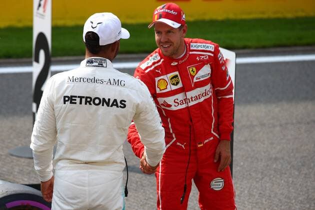 26.08.2017 - Qualifying, Lewis Hamilton (GBR) Mercedes AMG F1 W08 pole position and 2nd place Sebastian Vettel (GER) Scuderia Ferrari SF70H Belgian Grand Prix, Spa-Francorchamps 24 - 27 August 2017 26.08.2017 - Qualifying, Lewis Hamilton (GBR) Mercedes AMG F1 W08 pole position and 2nd place Sebastian Vettel (GER) Scuderia Ferrari SF70H 
