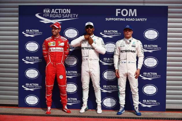 Die ersten drei der Qualifikation Lewis Hamilton (Mercedes AMG Petronas Formula One Team), Sebastian Vettel (Scuderia Ferrari) und Valtteri Bottas (Mercedes AMG Petronas Formula One Team), Grosser Preis von Belgien 2017, Rennen, Motorsport, Formel 1, 26.08.2017, Spa Francorchamps Copyright: xNeisx Eibner-Pressefotox EP_ans