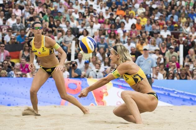 HAMBURG, GERMANY - AUGUST 26: Laura Ludwig and Kira Walkenhorst of Germany in action during Day 4 of the Swatch Beach volleyball Beachvolleyball FIVB World Tour Finals Hamburg 2017 on August 26, 2017 in Hamburg, Germany. (Photo by Malte Christians Hoch Zwei) Hamburg Germany xHOCHxZWEIx