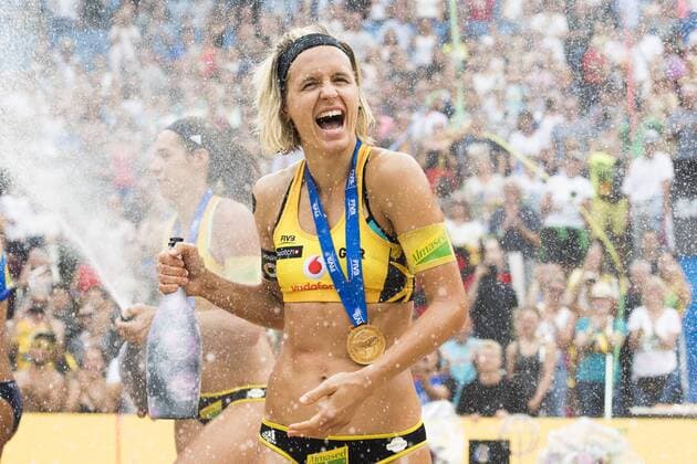 HAMBURG, GERMANY - AUGUST 26: Laura Ludwig of Germany celebrates after winning the gold medal match during Day 4 of the Swatch Beach volleyball Beachvolleyball FIVB World Tour Finals Hamburg 2017 on August 26, 2017 in Hamburg, Germany. (Photo by Malte Christians Hoch Zwei) Hamburg Germany xHOCHxZWEIx