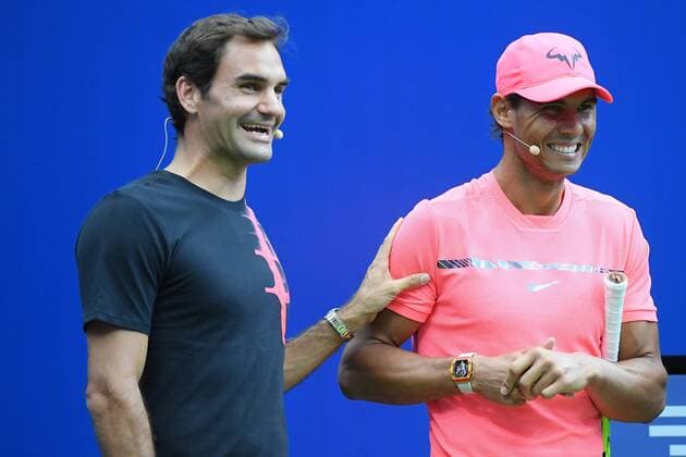 Roger federer (Sui) and Rafael Nadal (Esp) during kids day TENNIS : US OPEN 2017 antoinecouvercelle panoramic 