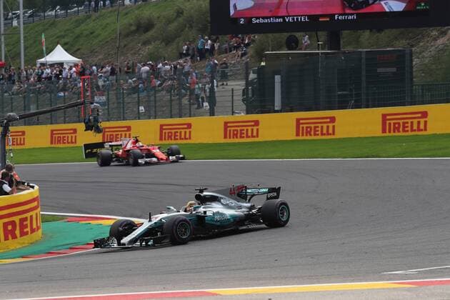 27.08.2017 - Race, Lewis Hamilton (GBR) Mercedes AMG F1 W08 leads Sebastian Vettel (GER) Scuderia Ferrari SF70H Belgian Grand Prix, Spa-Francorchamps 24 - 27 August 2017 27.08.2017 - Race, Lewis Hamilton (GBR) Mercedes AMG F1 W08 leads Sebastian Vettel (GER) Scuderia Ferrari SF70H 