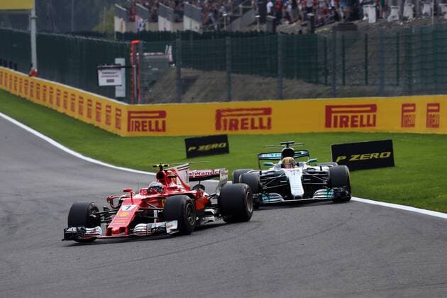 27.08.2017 - Race, Kimi Raikkonen (FIN) Scuderia Ferrari SF70H and Lewis Hamilton (GBR) Mercedes AMG F1 W08 Belgian Grand Prix, Spa-Francorchamps 24 - 27 August 2017 27.08.2017 - Race, Kimi Raikkonen (FIN) Scuderia Ferrari SF70H and Lewis Hamilton (GBR) Mercedes AMG F1 W08 