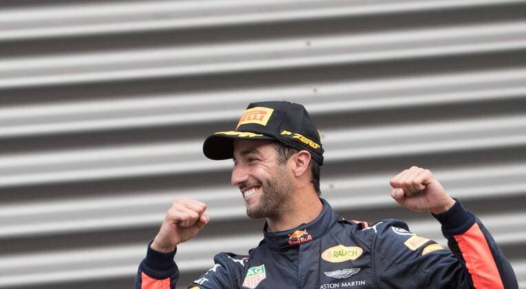 Red Bull s Australian driver Daniel Ricciardo celebrates on the podium after the Spa-Francorchamps Formula One Grand Prix of Belgium race, in Spa-Francorchamps, Sunday 27 August 2017. BENOITxDOPPAGNE  x05153294x