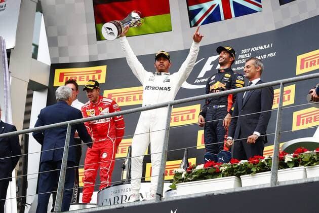 Podium mit Lewis Hamilton (Mercedes AMG Petronas Formula One Team), Sebastian Vettel (Scuderia Ferrari) und Daniel Ricciardo (Red Bull Racing), Grosser Preis von Belgien 2017, Rennen, Motorsport, Formel 1, 27.08.2017, Spa Francorchamps Copyright: xEibner-Pressefoto AlexanderxNeisx EP_ANS