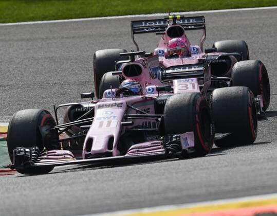 Force India s Mexican driver Sergio Perez and Force India s French driver Esteban Ocon pictured during the Spa-Francorchamps Formula One Grand Prix of Belgium race, in Spa-Francorchamps, Sunday 27 August 2017. NICOLASxLAMBERT  x05153368x