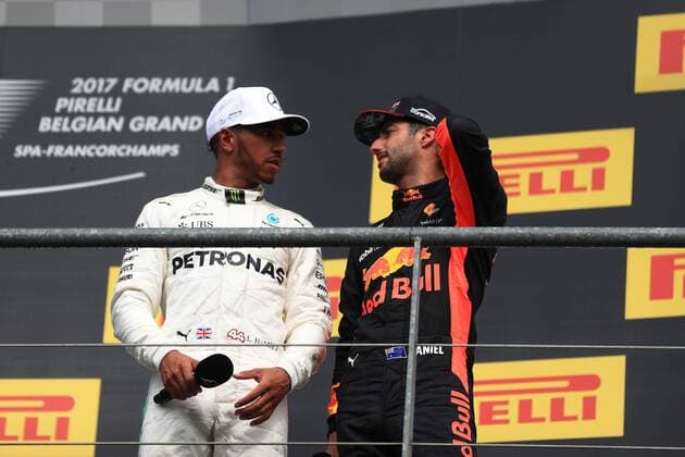 27th August 2017, Circuit de Spa-Francorchamps, Belgium; Belgium Grand Prix, Race Day. Lewis Hamilton - Mercedes AMG Petronas F1 W08 EQ Energy+ wins the Spa GP and talks with Daniel Ricciardo - Red Bull Racing xOctanex  ActionPlus11922533