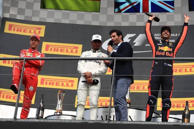 27th August 2017, Circuit de Spa-Francorchamps, Belgium; Belgium Grand Prix, Race Day. Lewis Hamilton - Mercedes AMG Petronas F1 W08 EQ Energy+ wins the Spa GP followed by Sebastian Vettel - Scuderia Ferrari and Daniel Ricciardo - Red Bull Racing RB13 xOctanex  ActionPlus11922538