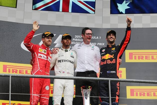 27.08.2017 - Race, 1st place Lewis Hamilton (GBR) Mercedes AMG F1 W08, 2nd place Sebastian Vettel (GER) Scuderia Ferrari SF70H and 3rd place Daniel Ricciardo (AUS) Red Bull Racing RB13 Belgian Grand Prix, Spa-Francorchamps 24 - 27 August 2017 27.08.2017 - Race, 1st place Lewis Hamilton (GBR) Mercedes AMG F1 W08, 2nd place Sebastian Vettel (GER) Scuderia Ferrari SF70H and 3rd place Daniel Ricciardo (AUS) Red Bull Racing RB13 
