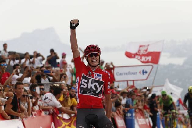Bilder des Tages - SPORT Vuelta, 9. Etappe British Chris Froome of Team Sky celebrates after winning the nineth stage of the 72nd edition of the Vuelta a Espana Tour of Spain cycling race, 174 from Orihuela to Cumbre del Sol, Sunday 27 August 2017. YUZURUxSUNADA  x05153554x