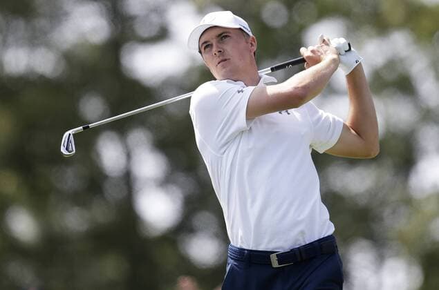 Jordan Spieth hits his tee shot on hole 2 in the final round of The Northern Trust golf championship at the Glen Oaks Club in Old Westbury, New York on August 27, 2017. Glen Oaks Club is hosting THE NORTHERN TRUST for the first time.  NYP20170827109 JOHNxANGELILLO