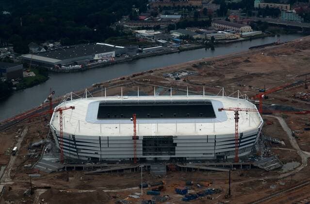 KALININGRAD, RUSSIA - AUGUST 27, 2017: An aerial image of the construction site of Kaliningrad Stadium, which is to host some football matches of the upcoming 2018 FIFA World Cup WM Weltmeisterschaft Fussball Sergei Fadeichev TASS  TS05D2D7