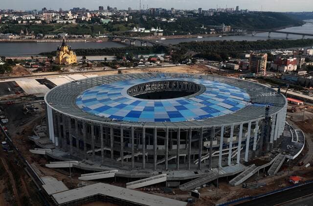 NIZHNY NOVGOROD, RUSSIA - AUGUST 27, 2017: An aerial image of the construction site of Nizhny Novgorod Stadium, which is to host some football matches of the upcoming 2018 FIFA World Cup WM Weltmeisterschaft Fussball Sergei Fadeichev TASS  TS05D247