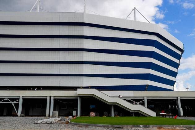 KALININGRAD, RUSSIA - AUGUST 28, 2017: The construction site of Kaliningrad Stadium, which is to host some football matches of the upcoming 2018 FIFA World Cup WM Weltmeisterschaft Fussball Sergei Fadeichev TASS  TS05D4F1