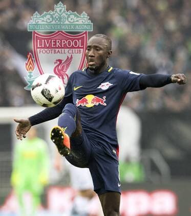 Naby KEITA (RB Leipzig) wechselt im Sommer 2018 zum FC Liverpool, FOTOMONTAGE, Naby KEITA (L) Aktion, Fussball 1. Bundesliga, 21. Spieltag, Borussia Moenchengladbach (MG) - RB Leipzig (L) 0:2, am 19.02.2017 in Moenchengladbach Deutschland.