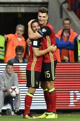 Belgium s Dries Mertens and Belgium s Thomas Meunier celebrate after scoring during a soccer between Belgian national soccer team Red Devils and Gibraltar, a World Cup 2018 qualification game in Group H, Thursday 31 August 2017 in Liege, Belgium. DIRKxWAEM  x05156358x