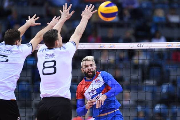 2017.09.02 Krakow Siatkowka , Mistrzostwa Europy mezczyzn 2017 , LOTTO Eurovolley Poland 2017 Serbia - Niemcy N z Denys Kaliberda, Marcus Bohme of Germany and Uros Kovacevic of Serbia Foto Krzysztof Porebski PressFocus 2017.09.02 Krakow Volleyball , CEV Volleyball European Championship EM Europameisterschaft - Men , LOTTO Eurovolley Poland 2017 Serbia - Germany Denys Kaliberda, Marcus Bohme of Germany and Uros Kovacevic of Serbia Credit: Krzysztof Porebski PressFocus NEWSPIX.PL --- Newspix.pl FRANCE OUT!  20170902PF_KP076