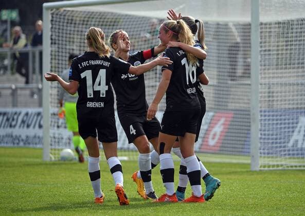 03.09.2017, xblx, Fussball 1.Bundesliga Damen, 1. FFC Frankfurt - 1. FC Koeln, emspor v.l. Janina Hechler (1.FFC Frankfurt), Ana-Maria Crnogorcevic (1.FFC Frankfurt) celebrate the goal, Torjubel zum 1:0 Frankfurt am Main