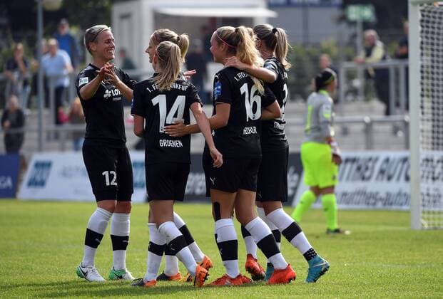 03.09.2017, xblx, Fussball 1.Bundesliga Damen, 1. FFC Frankfurt - 1. FC Koeln, emspor v.l. Ana-Maria Crnogorcevic (1.FFC Frankfurt) celebrate the goal, Torjubel zum 1:0 Frankfurt am Main