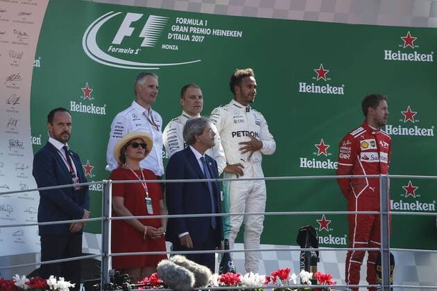 Formel 1, GP Italien, Siegerehrung (Left to right) Valtteri Bottas of Finland and Mercedes AMG Petronas F1 Team, Lewis Hamilton of Great Britain and Mercedes AMG Petronas F1 Team and Sebastian Vettel of Germany and Scuderia Ferrari during the Formula 1 Grand Prix of Italy at the Autodromo di Monza, Monza, Italy on 3 September 2017. Copyright: xJamesxGasperottix 16380071