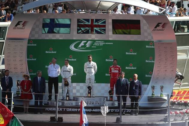 03.09.2017- Podium, winner Lewis Hamilton (GBR) Mercedes AMG F1 W08 , 2nd Valtteri Bottas (FIN) Mercedes AMG F1 W08, 3rd Sebastian Vettel (GER) Scuderia Ferrari SF70H Italian Grand Prix, Monza 31 August - 03 September 2017 03.09.2017- Podium, winner Lewis Hamilton (GBR) Mercedes AMG F1 W08 , 2nd Valtteri Bottas (FIN) Mercedes AMG F1 W08, 3rd Sebastian Vettel (GER) Scuderia Ferrari SF70H 