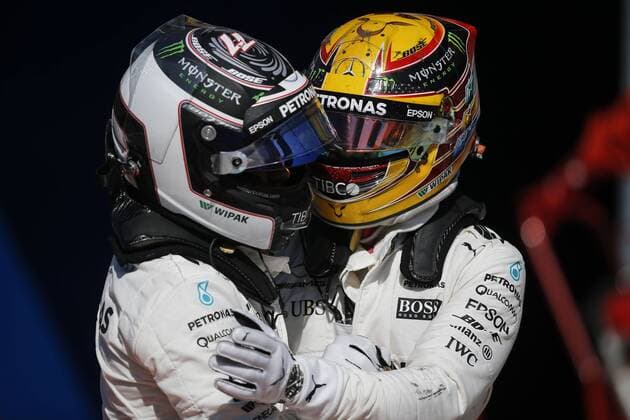 September 3, 2017 - Monza, Italy - (Left to right) VALTTERI BOTTAS of Finland and Mercedes AMG Petronas F1 Team and LEWIS HAMILTON of Great Britain and Mercedes AMG Petronas F1 Team celebrates after the 2017 Formula 1 Italian Grand Prix in Monza, Italy. F1 2017 - Italian Grand Prix - Hamilton wins - ZUMAg147 20170903_zap_g147_004 Copyright: xJamesxGasperottix