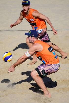 03.09.2017, Timmendorfer Strand, Ahmann-Hager-Arena Beachvolleyball, Deutsche Meisterschaft Annahme Sebastian Fuchs, Eric Stadie