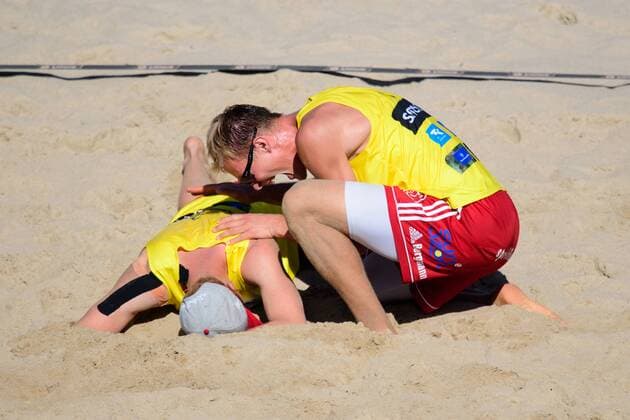 03.09.2017, Timmendorfer Strand, Ahmann-Hager-Arena Beachvolleyball, Deutsche Meisterschaft Jubel Yannick Harms, Philipp Arne Bergmann nach Matchball Sieg