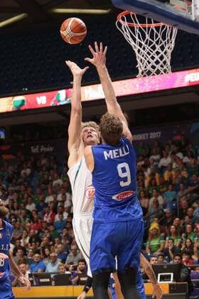 Lithuania s KUZMINSKAS Mindaugas(19) Italy sMELLI Nicolo(9) during the FIBA EuroBasket 2017 basketball championship match between Italy and Lithuania at Tel Aviv Arena in Tel Aviv, Israel on September 3, 2017 Nir Keidar 