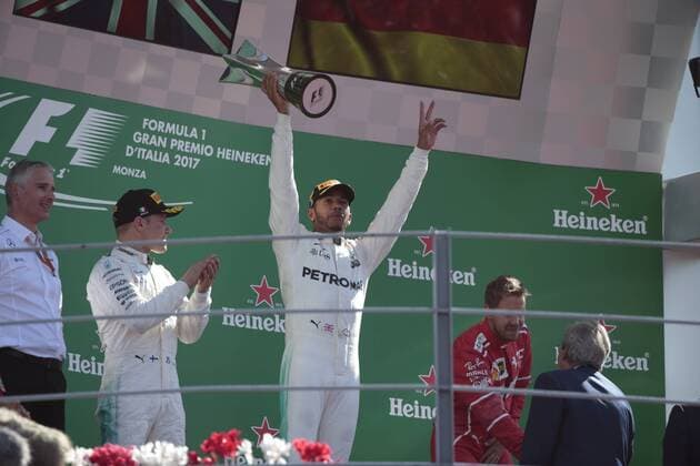 03.09.2017- Podium, winner Lewis Hamilton (GBR) Mercedes AMG F1 W08 , 2nd Valtteri Bottas (FIN) Mercedes AMG F1 W08, 3rd Romain Grosjean (FRA) Haas F1 Team VF-17 Italian Grand Prix, Monza 31 August - 03 September 2017 03.09.2017- Podium, winner Lewis Hamilton (GBR) Mercedes AMG F1 W08 , 2nd Valtteri Bottas (FIN) Mercedes AMG F1 W08, 3rd Romain Grosjean (FRA) Haas F1 Team VF-17 