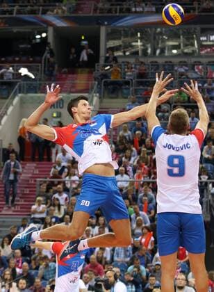 03.09.2017, Krakow, siatkowka, Mistrzostwa Europy, mecz o 3. miejsce, Serbia - Belgia, Srecko Lisinac (SRB), Nikola Jovovic (SRB), Serbia - Belgium, Eurovolley 2017 bronze medal game, fot. Tomasz Jastrzebowski Foto Olimpik NEWSPIX.PL --- Newspix.pl FRANCE OUT!  20170903toja102