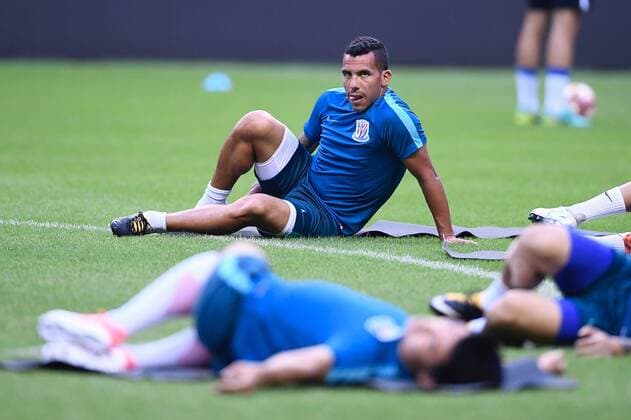 Carlos Tevez of Shanghai Greenland Shenhua F.C. and teammates take part in a training session for the 20th round match of the 2017 Chinese Football Association Super League in Shanghai, China, 4 August 2017. Carlos Tevez  20170804_82396