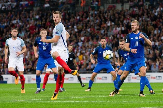England s Eric Dier scoring his side s 1st goal during the World Cup Qualifying - European - Group F match at Wembley Stadium, London. Picture date 4th September 2017. Picture credit should read: Charlie Forgham-Bailey Sportimage EDITORIAL USE ONLY. No use with unauthorised audio, video, data, fixture lists, club league logos or live services. Online in-match use limited to 120 images, no video emulation. No use in betting, games or single club league player publications.