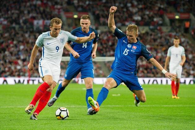 England s Harry Kane and SlovakiaÕs Tomas Hubocan during the World Cup Qualifying - European - Group F match at Wembley Stadium, London. Picture date 4th September 2017. Picture credit should read: Charlie Forgham-Bailey Sportimage EDITORIAL USE ONLY. No use with unauthorised audio, video, data, fixture lists, club league logos or live services. Online in-match use limited to 120 images, no video emulation. No use in betting, games or single club league player publications.