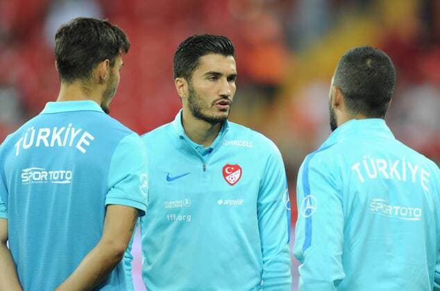 Arda Turan (Barcelona) and Nuri Sahin (B. Dortmund) of Turkey during Turkey - Crotia World Cup Qualifying Game at Eskisehir, Turkey, September 5th, 2017.  15785280