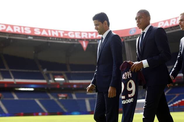 September 6, 2017 - Paris, France - (L-R) Paris Saint-Germain President Nasser Al Khelaifi poses alongside new signing Kylian Mbappe at the Parc des Princes on September 6, 2017 in Paris, France. Kylian Mbappe signed a five year contract for 180 Million Euro. Paris Saint Germain Unveil New Signing Kylian Mbappe  - ZUMAn230 20170906_zaa_n230_101 Copyright: xMehdixTaamallahx