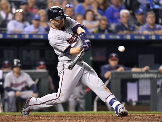September 7, 2017 - Kansas City, MO, USA - The Minnesota Twins Brian Dozier connects on a sacrifice fly in the ninth inning to score Max Kepler against the Kansas City Royals at Kauffman Stadium in Kansas City, Mo., on Thursday, Sept. 7, 2017. The Twins won, 4-2. Minnesota at Kansas City - ZUMAm67_ 20170907_zaf_m67_016 Copyright: xJohnxSleezerx