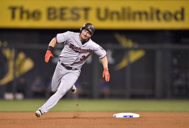September 8, 2017 - Kansas City, MO, USA - The Minnesota Twins Robbie Grossman heads for third base with an RBI triple in the eighth inning against the Kansas City Royals at Kauffman Stadium in Kansas City, Mo., on Friday, Sept. 8, 2017. Minnesota at Kansas City - ZUMAm67_ 20170908_zaf_m67_080 Copyright: xJohnxSleezerx