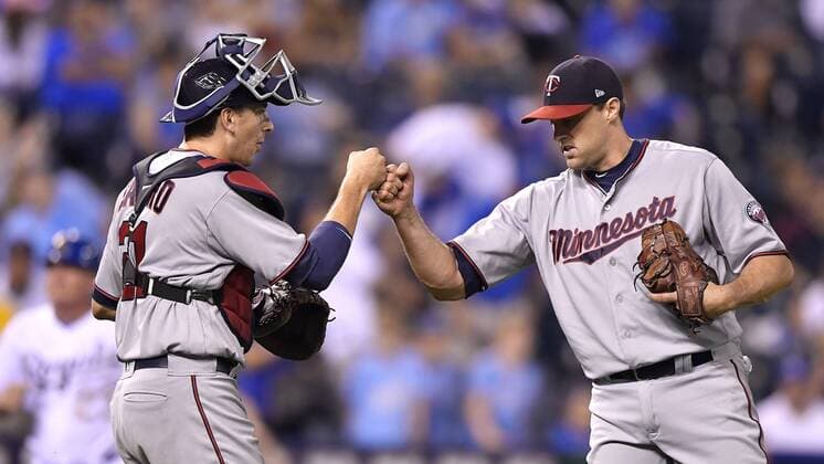 September 8, 2017 - Kansas City, MO, USA - Minnesota Twins catcher Jason Castro and relief pitcher Matt Belisle celebrate after the final out in an 8-5 win against the Kansas City Royals at Kauffman Stadium in Kansas City, Mo., on Friday, Sept. 8, 2017. Minnesota at Kansas City - ZUMAm67_ 20170908_zaf_m67_081 Copyright: xJohnxSleezerx