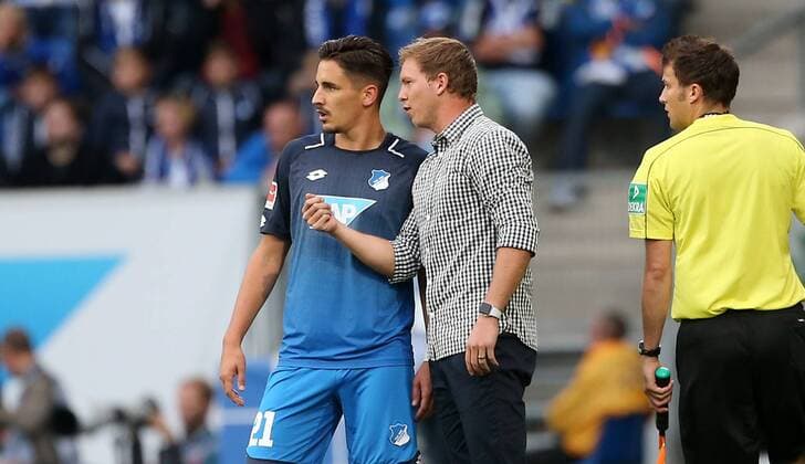 Football 1 Bundesliga TSG 1899 Hoffenheim FC Bavaria Munich 3 Matchday at 09 09 2017 in the Wirsol Rhine Neckar Arena xmdx Benjamin Huebner Hübner 21 1899 Hoffenheim Julian Nagelsmann team manager 1899 Hoffenheim TSG 1899 Hoffenheim FC Bavaria Munich